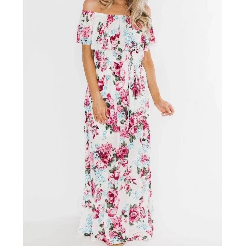 Sweet Lovely by Jen Maxi Dress Women Large‎ Floral Pink Off Shoulder Good Tiered